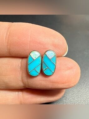 Zuni Native American Turquoise Inlay Oval Opal Turquoise Stud Earrings Signed OR